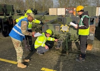 Army Sgt. 1st Class Belloc Anim, the commander’s responsible officer accountable for over $2.5 billion worth of Army Prepositioned Stocks-2 at the Dülmen APS-2 worksite, and his team check the serial number on a trailer during a 100 percent inventory at the site, Feb. 13. The 47-year-old Soldier who was born and raised in Ghana but moved to the U.S. at age 28 said the assignment at Dülmen is like no other in the Army. (U.S. Army courtesy photo)