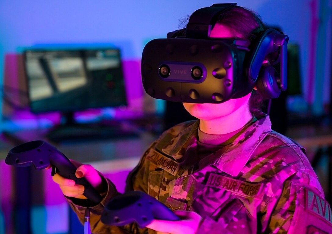 A 193rd Special Operation Wing airman uses virtual reality (VR) maintenance MC-130J Commando II training system in Middletown, Pennsylvania, Feb. 7 2024. VR is expected to provide more efficient and timely maintenance training, resulting in cost savings and increased aircraft availability. (U.S. Air National Guard photo by Staff Sgt. Bela John Vaszlavik)