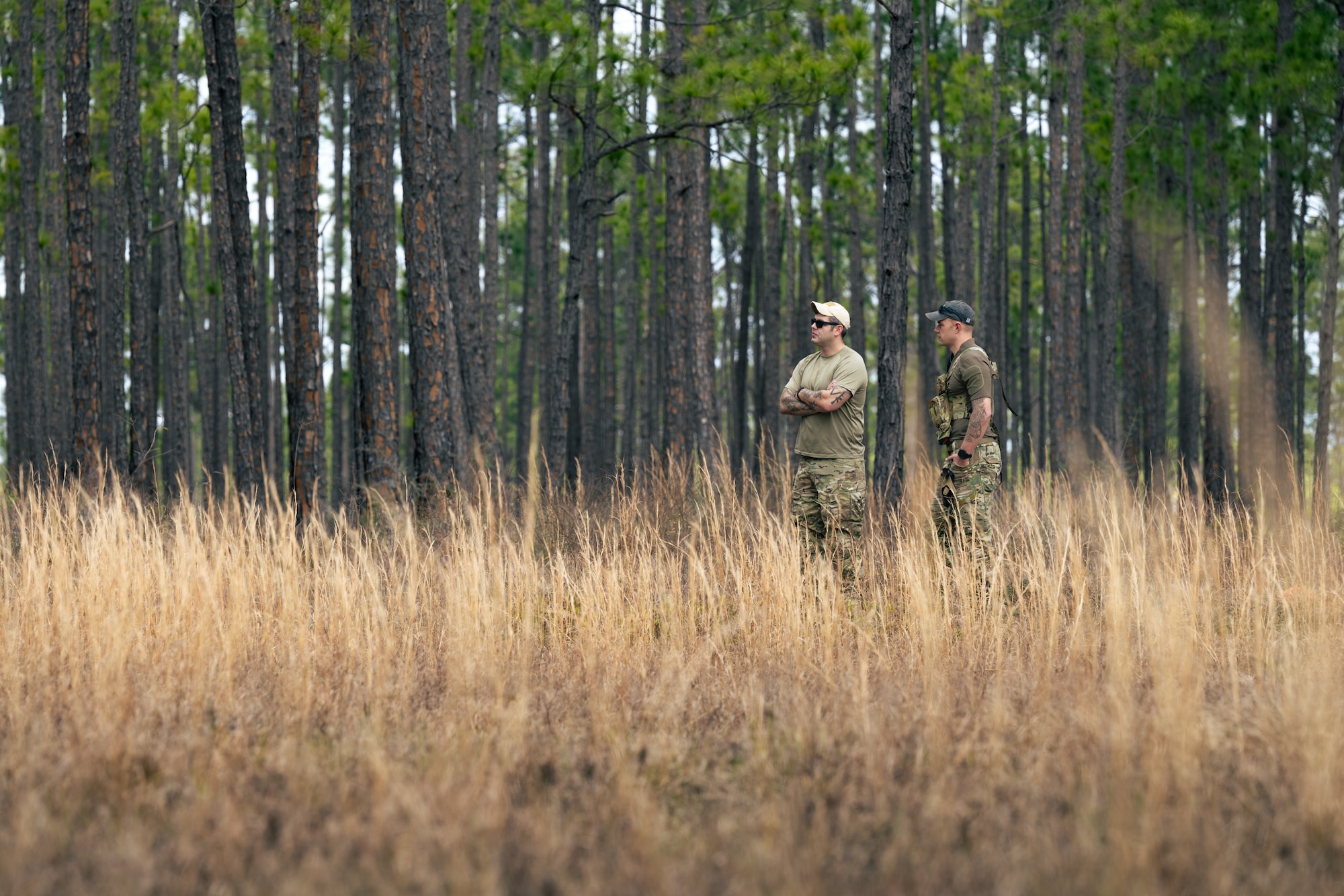 U.S. Air Force Tech. Sgt. Adam Holbrooks, left, and Airman 1st Class William Proctor, 1st Special Operations Support Squadron survival, escape, resistance, and evasion specialists, watch the tree line for movement during a SERE training at the Eglin Range, Florida, Feb. 8, 2024.