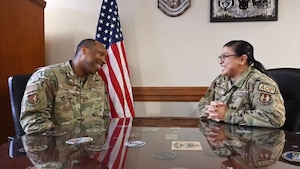Chief Master Sergeant Beth Ferrer, command chief Air Force Sustainment Center, interviews Chief Master Sergeant Vernon Jackson, command chief 75th Air Base Wing, Hill Air Force Base, Utah.