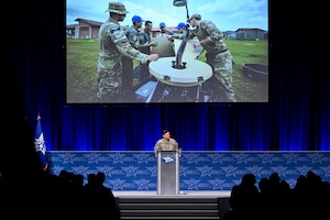 Chief of Space Operations Gen. Chance Saltzman delivers a keynote address on the state of the U.S. Space Force during the Air and Space Forces Association 2024 Warfare Symposium in Aurora, Colo., Feb. 13, 2024.