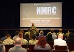 JOINT BASE SAN ANTONIO-FORT SAM HOUSTON – (Feb. 8, 2024) – Capt. Franca Jones, commander, Naval Medical Research Command (NMRC), held a NMRC Enterprise All Hands at the Military and Family Readiness Center during her visit to Naval Medical Research Unit (NAMRU) San Antonio. Jones spoke on numerous topics including the National Defense Authorization Act, the recent Deputy Secretary of Defense Memorandum, and the research and development relationship with the Defense Health Agency. NAMRU San Antonio’s mission is to conduct gap driven combat casualty care, craniofacial, and directed energy research to improve survival, operational readiness, and safety of Department of Defense personnel engaged in routine and expeditionary operations. The Naval Medical Research and Development (NMR&D) enterprise is comprised of eight commands with more than 1,330 Navy Medicine personnel. (U.S. Navy Photo by Burrell Parmer, Naval Medical Forces Support Command Public Affairs/Released)