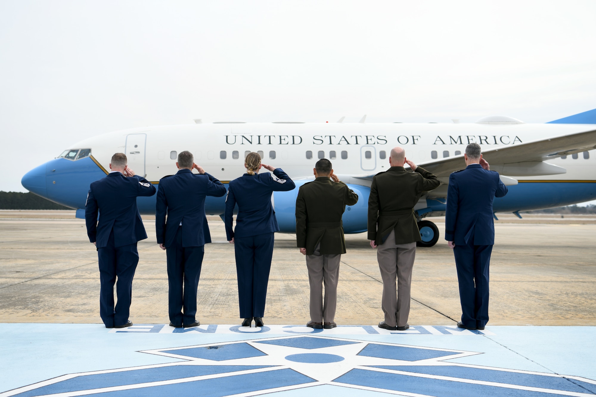 People stand in a line to salute an arriving aircraft.