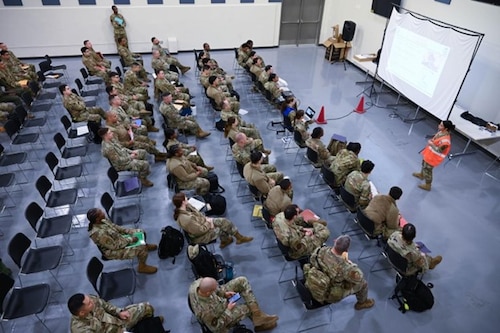 433rd Airlift Wing reservists receive a simulated pre-deployment during Exercise Dragon’s Den at Joint Base San Antonio-Lackland, Texas Feb. 5, 2024.
