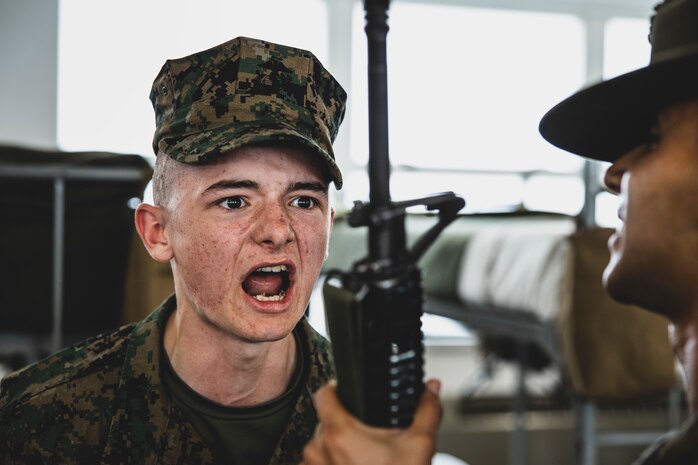 U.S. Marine Corps Recruit Colten Sanderfer with Mike Company, 3rd Recruit Training Battalion, is inspected during a senior drill instructor inspection at Marine Corps Recruit Depot San Diego, Feb. 8, 2024. The SDI Inspection is the first of several inspections recruits will undergo throughout the duration of their training at MCRD San Diego and aims to ensure the recruits are upholding the uniform orders given to them. (U.S. Marine Corps photo by Sgt. Yvonna Guyette)