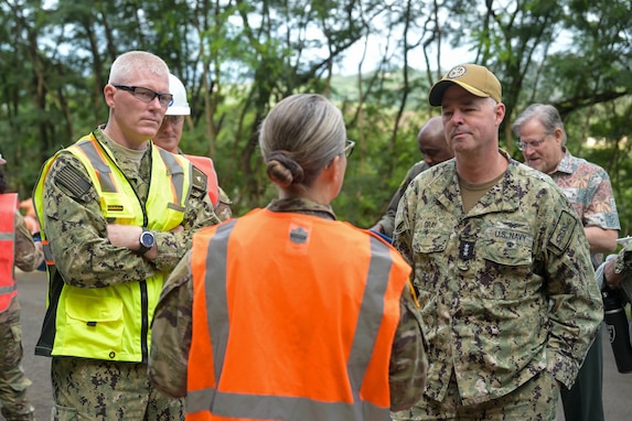 Brig. Gen. Michelle Link, Deputy Commander, Joint Task Force-Red Hill (JTF-RH), discusses defueling operations with Vice Adm. John Wade, commander, JTF-RH and Vice Adm. Scott Gray, commander, Navy Installations Command, during a visit to the Red Hill Bulk Fuel Storage Facility (RHBFSF), Halawa, Hawaii, Feb. 6, 2024.
