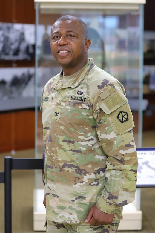 A current photo of Col. Malcolm S. Bush, the director of V Corps signal operations, in the V Corps headquarters, Jan 24, 2024. (U.S. Army photo by Sgt. Javen Owens)