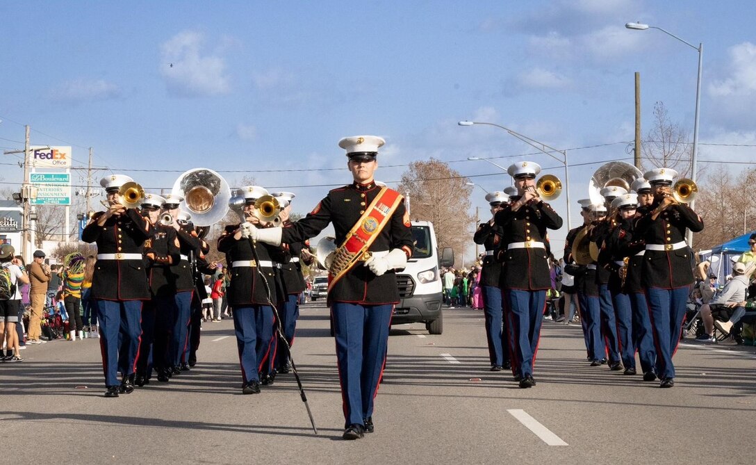 The Marine Forces Reserve Band performed at the Krewe of Atlas Parade in Metairie, Louisiana.