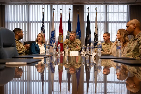 U.S. Air Force Maj. Gen. John Klein, U.S. Air Force Expeditionary Center commander, discusses the joint base’s mission, vision and goals with 87th Air Base Wing senior leaders during a tour of Joint Base McGuire-Dix-Lakehurst, N.J., Feb. 8, 2024. The tour included stops at unaccompanied housing dorms, the First Term Enlisted Center and the Airman Leadership School. (U.S. Air Force photo by Staff Sgt. Monica Roybal)
