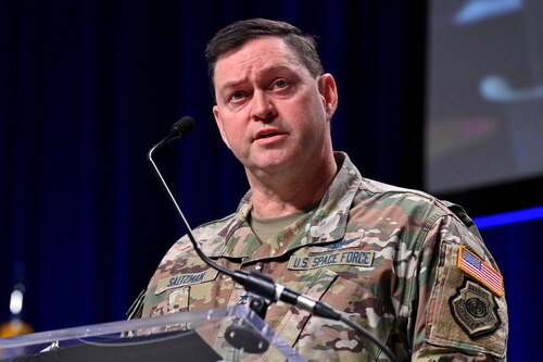 Chief of Space Operations Gen. Chance Saltzman delivers a keynote address on the state of the U.S. Space Force during the Air and Space Forces Association 2024 Warfare Symposium in Aurora, Colo., Feb. 13, 2024.