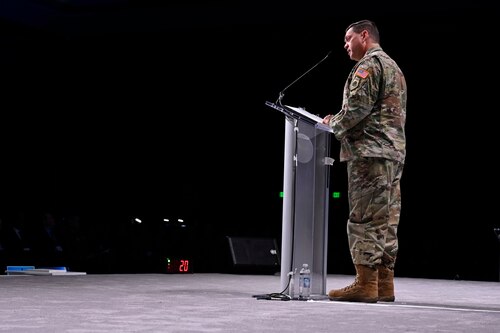 Chief of Space Operations Gen. Chance Saltzman delivers a keynote address on the state of the U.S. Space Force during the Air and Space Forces Association 2024 Warfare Symposium in Aurora, Colo., Feb. 13, 2024.