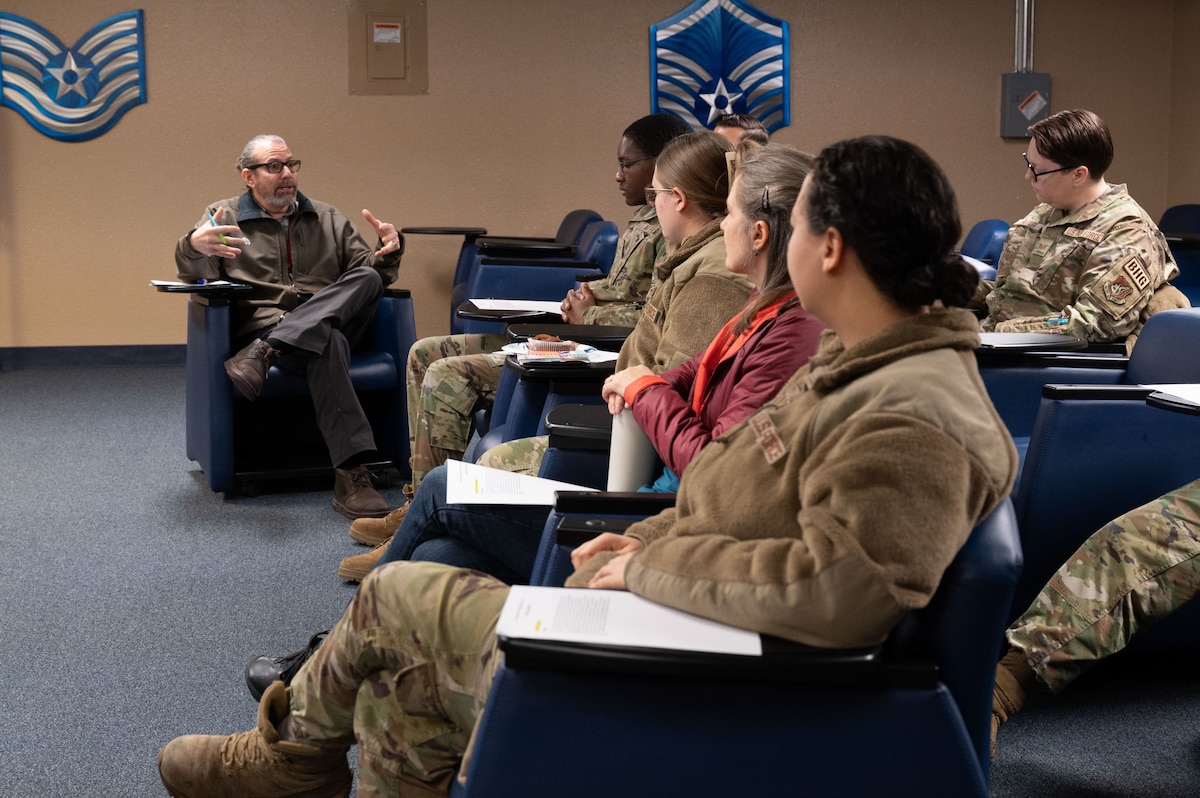 Paul Wayfield, 354th Fighter Wing Diversity, Equity, Inclusion, and Accessibility manager, addresses the participants of a Leading Inclusively Virtual Experience training at Eielson Air Force Base, Alaska, Feb. 8, 2024.