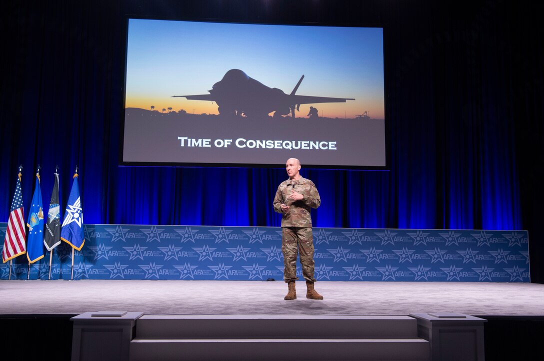 Air Force Chief of Staff  Gen. David Allvin delivers a keynote address on the state of the U.S. Air Force during the Air and Space Forces Association 2024 Warfare Symposium in Aurora, Colo., Feb. 13, 2024.