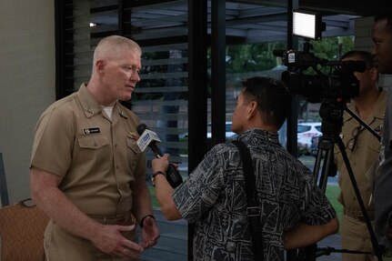 Joint Task Force-Red Hill (JTF-RH) Commander, U.S. Navy Vice Adm. John Wade, engages with local media during the transition open house at Ke’ehi Lagoon Memorial in Honolulu, Hawaii, Feb. 7, 2024