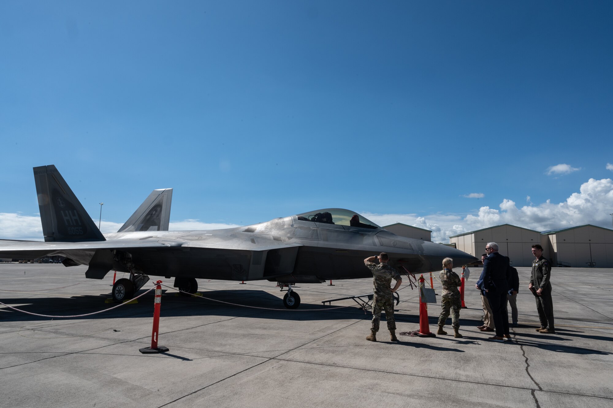 Staff delegation members tour a F-22 Raptor assigned to the 154th Wing at Joint Base Pearl Harbor-Hickam, Hawaii. The members were familiarized with the wing’s role and ability to enable, employ and project combat power across the Indo-Pacific. (U.S. Air Force photo by Staff Sgt. Alan Ricker)