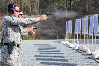 Forward Deployable Preventative Medical Unit Six (FDPMU-6) member trains in weapons proficiency during a specialized course, enhancing readiness for diverse deployments, Feb 8, 2024, in Suffolk, Virginia. FDMU’s are rapidly, deployable, and mobile units that support force health protection, and identify health hazards in various deployable locations around the globe. The training was specifically designed and tailored for the unit’s unique mission to ensure service members are prepared for their upcoming deployments to enable efficient weapon operation, perform required duties, and execute close quarter combatives if necessary, in a deployed environment. (U.S. Navy photo by Desmond Martin)