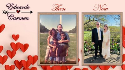 A graphic with a photo of the couple then and now