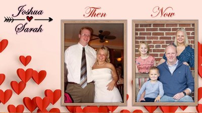 A graphic with a photo of the couple then and now