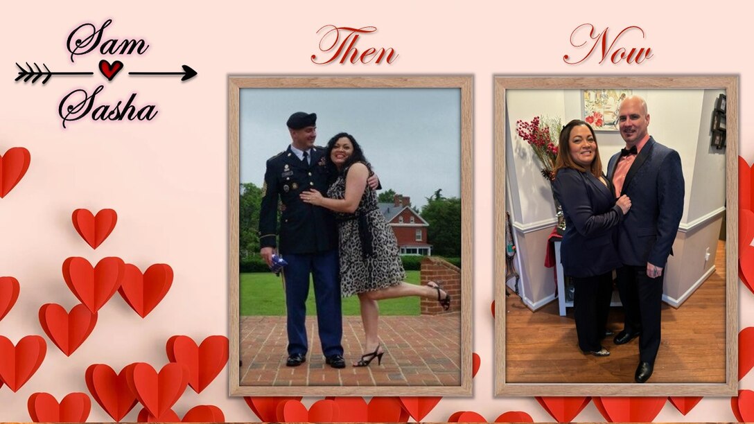 A graphic with a photo of the couple then and now