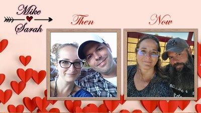 A graphic with a photo of the couple then and now