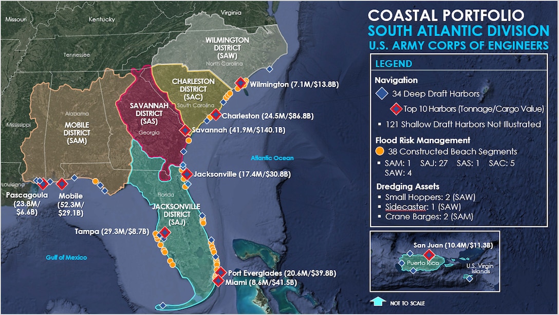 Map of the south eastern U.S. depicting the South Atlantic Division's coastal asset portfolio.