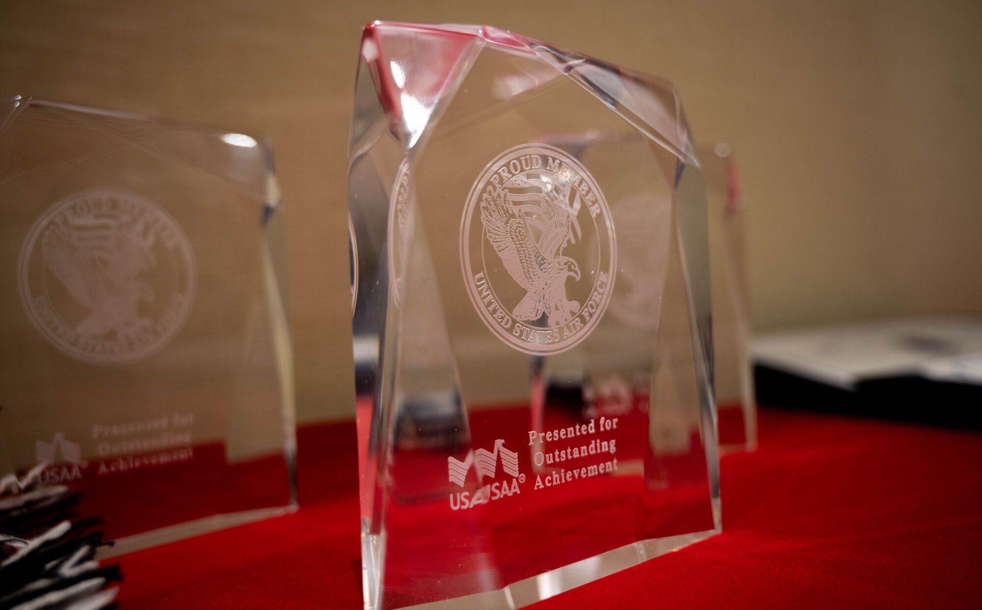 Awards sit on table