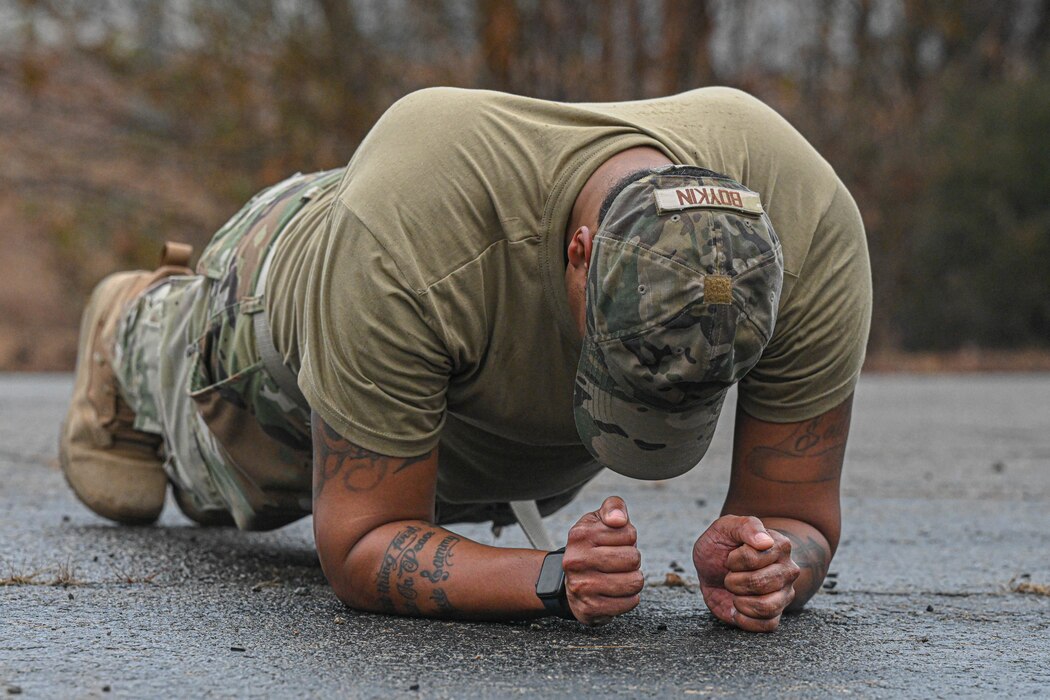 An airman assigned to the 19th Maintenance Squadron planks during the Readiness Games at Little Rock Air Force Base, Arkansas.