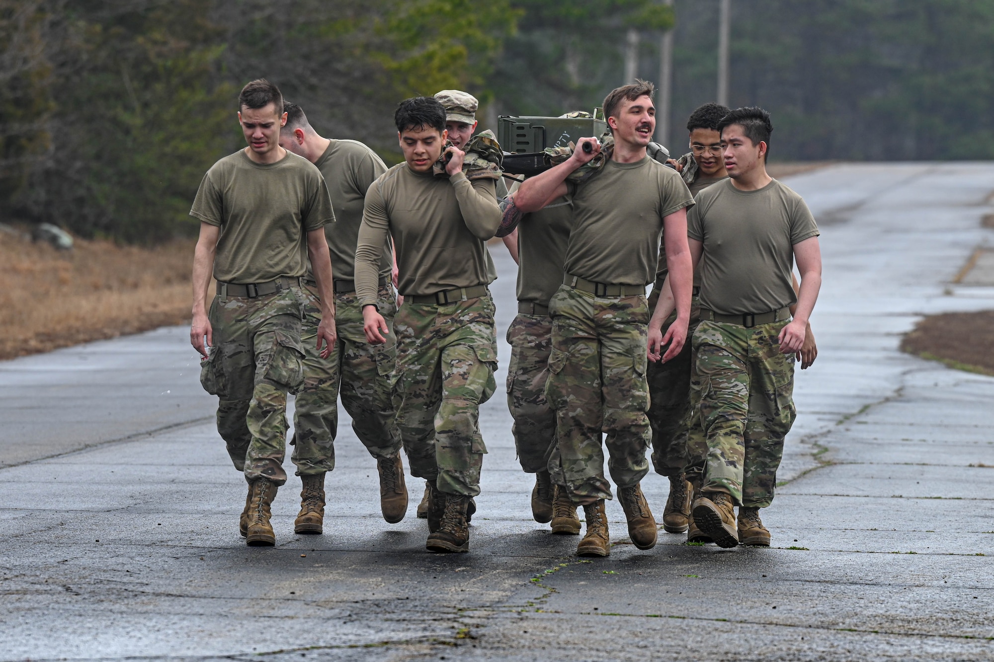 Airmen assigned to the 19th Maintenance Squadron complete a litter carry during the Readiness Games at Little Rock Air Force Base, Arkansas.
