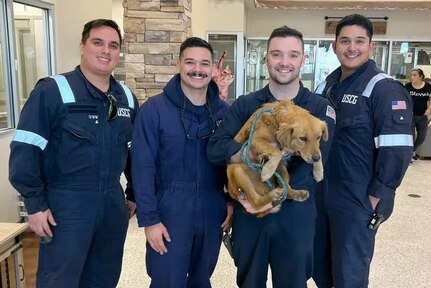 Sector Houston - Connie the container dog with the four marine inspectors from the U.S. Coast Guard Sector Houston-Galveston who found her at the Port of Houston. Photo by Petty Officer 1st Class Lucas Loe/U.S. Coast Guard; the four inspectors were MST3 Bryan Wainscott, MST1 Lucas Loe, MST2 Ryan McMahon and MST3 Jose Reyes.