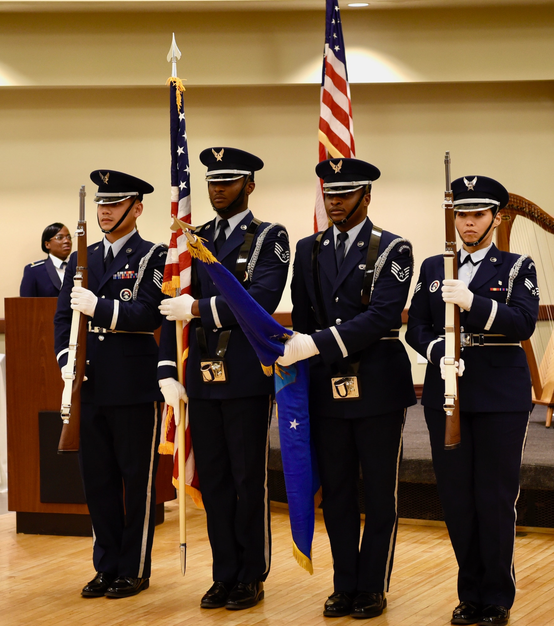 Air Force Honor Guard at attention with colors