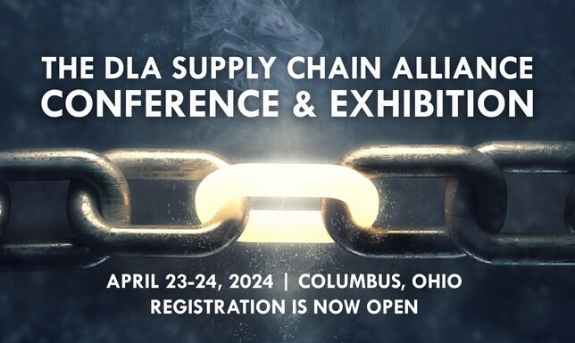 A large chain with smoke and fire coming out of the center link on a smoky gray background with text that says DLA Supply Chain Alliance with the dates.
