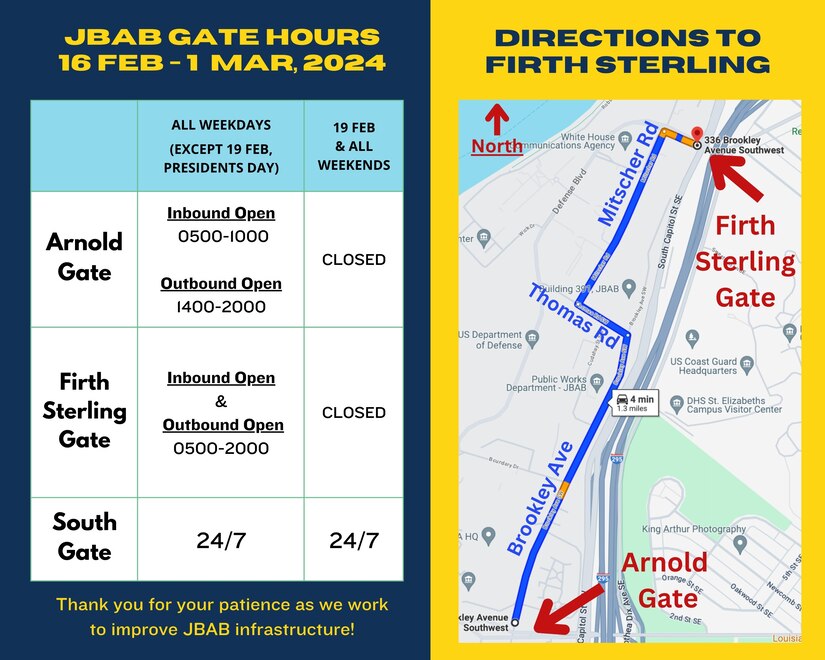 The 11th Civil Engineer Squadron will be repairing water lines outside Arnold Gate from Feb. 16 to March 1, 2024, on Joint Base Anacostia-Bolling, Washington, D.C. This graphic shows the updated gate hours and an alternate route from Arnold Gate to Firth Sterling Gate. (U.S. Air Force graphic by Capt. Brigitte N. Brantley)