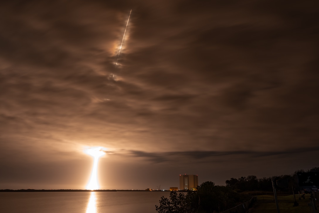 SpaceX Falcon 9 rocket lights up the nighttime sky at Kennedy Space Center in Florida while launching NASA's Plankton, Aerosol, Cloud, and ocean Ecosystem (PACE) mission into orbit at 1:33 a.m. ET on Feb. 8, 2024.

The United States Marine Band wrote and performed a musical piece, PACE Fanfare, dedicated to the mission, and performed it for Goddard Space Flight Center staff in Greenbelt, Md. on May 3, 2023.

(U.S. Marine Corps photo by Staff Sgt. Chase Baran/released)