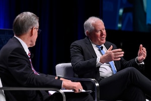 Secretary of the Air Force Frank Kendall gives closing thoughts on reoptimizing for Great Power Competition during a fireside chat with Air and Space Forces Association President Bruce Wright at the 2024 Warfare Symposium in Aurora, Colo., Feb. 14, 2024.