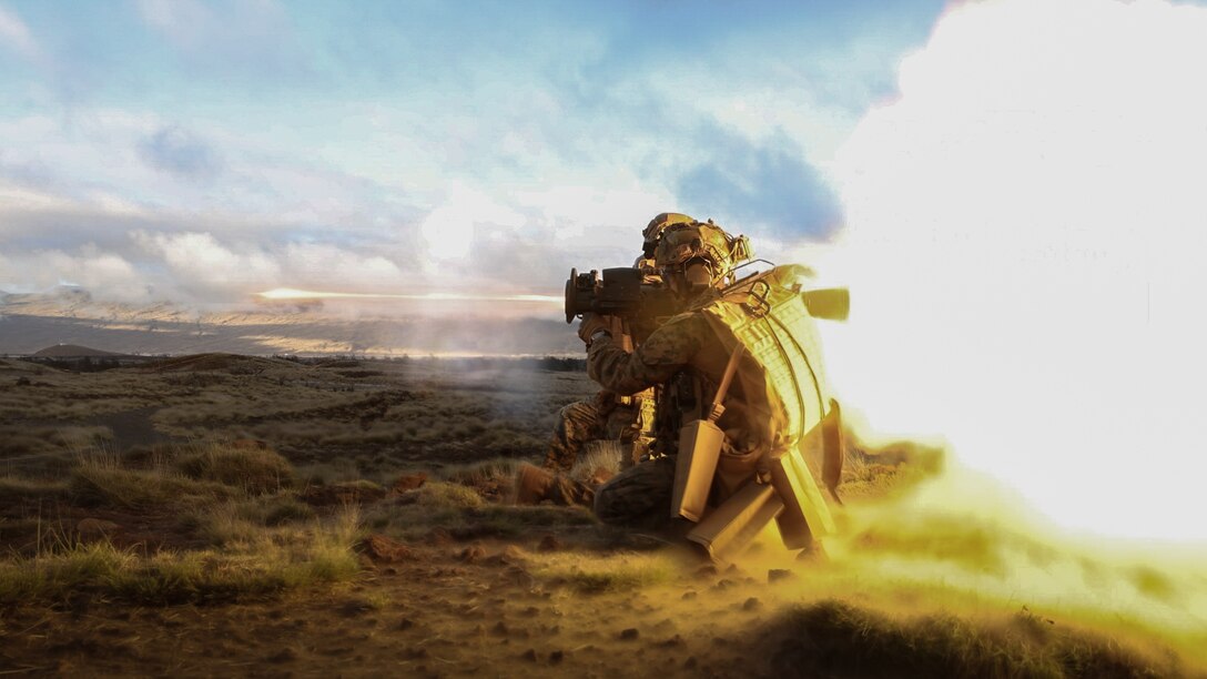 U.S. Marines with 3d Littoral Combat Team, 3d Marine Littoral Regiment, 3d Marine Division, fire an M3E1 Multi-purpose Anti-armor Anti-personnel Weapon System for a platoon attack during exercise Bougainville III at Pohakuloa Training Area, Jan. 31, 2024. Bougainville III is a 3d LCT live-fire exercise focused on decentralized operations to prepare the battalion to command and control forces from dispersed locations. (U.S. Marine Corps photo by Lance Cpl. Clayton Baker)
