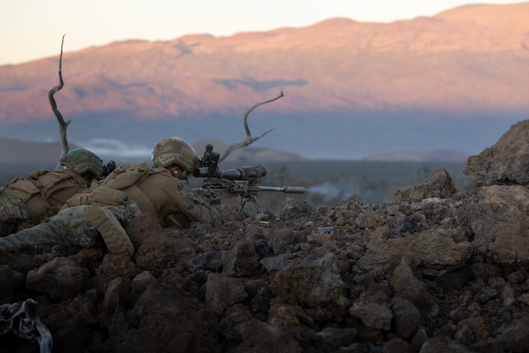 U.S. Marines with 3d Littoral Combat Team, 3d Marine Littoral Regiment, 3d Marine Division, fire at targets for company attacks during exercise Bougainville III at Pohakuloa Training Area, Feb. 7, 2024. Bougainville III is a 3d LCT live-fire exercise focused on decentralized operations to prepare the battalion to command and control forces from dispersed locations. (U.S. Marine Corps photo by Lance Cpl. Clayton Baker)