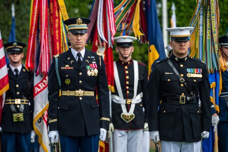 Service members in various types of military dress uniforms are standing at attention on a green lawn in front of a dark green hedge with flags and streamers behind them.