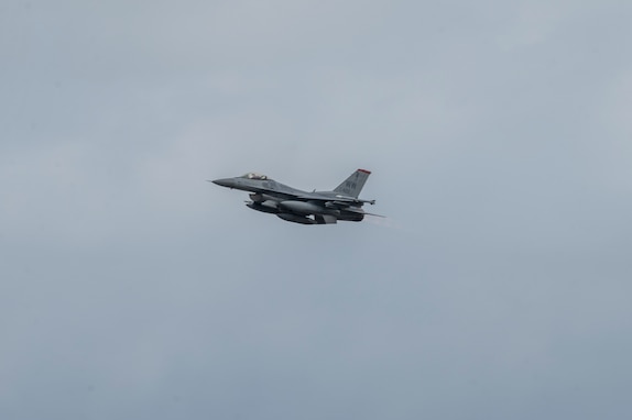 U.S. Air Force F-16 Fighting Falcon takes off in support of Exercise Cope North 24 at Misawa Air Base, Japan, Feb. 2, 2024. This year's iteration included service members from the U.S., Australia, Canada, France, South Korea and Japan. (U.S. Air Force photo by Airman 1st Class Koby Mitchell)