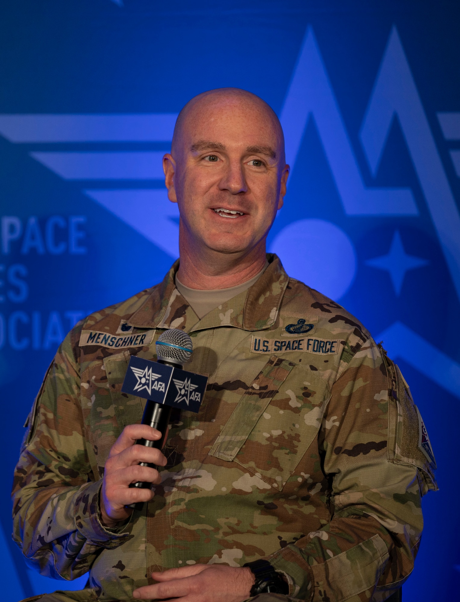 U.S. Space Force Col. Andrew Menschner, commander of Position, Navigation, and Timing Delta (Provisional), answers questions about the opportunities and lessons learned of becoming an Integrated Mission Delta at the Air & Space Forces Association Warfare Symposium in Aurora, Colorado, Feb. 13, 2024. In addition, Menschner also detailed the benefits of combining operations and acquisitions to better focus on mission readiness. (U.S. Space Force photo by John Ayer)