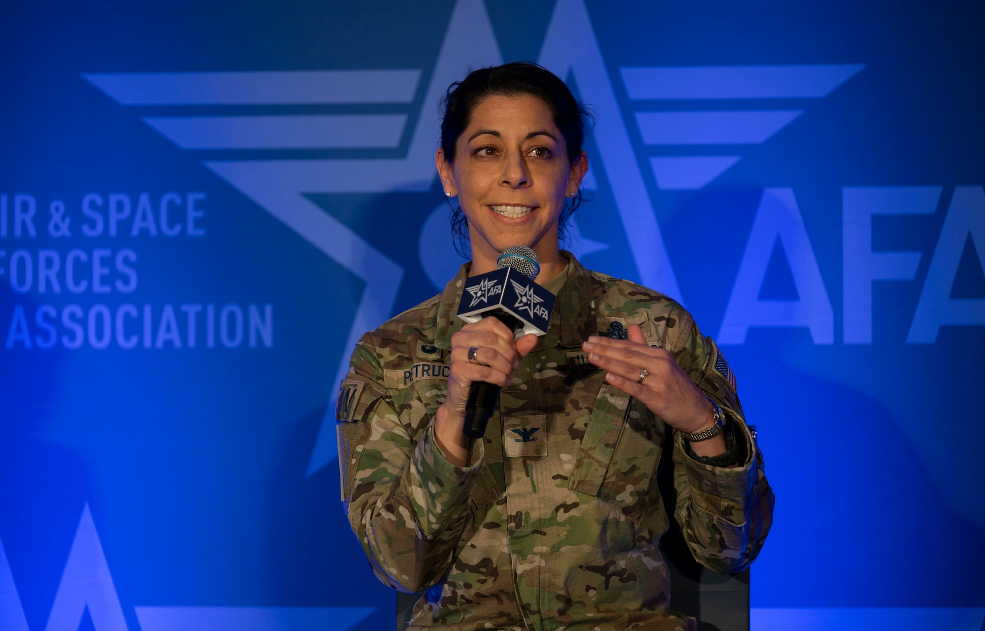 U.S. Space Force Col. Nicole Petrucci, commander of Space Delta 3 – Space Electromagnetic Warfare, shares her perspective on becoming an Integrated Mission Delta at the Air & Space Forces Association Warfare Symposium in Aurora, Colorado, Feb. 13, 2024. “Becoming an IMD has allowed us to have a deeper understanding of our mission area,” Petrucci said. (U.S. Space Force photo by John Ayer)