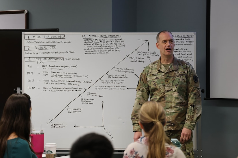 U.S. Army Brig. Gen. Patrick Teague, U.S. Defense Attache to China, gives his opening remarks to commence USARPAC’s first official iteration of the China Way of War course at the Joint Multinational Simulation Center on Schofield Barracks, Hawaii, Feb. 9, 2024. The China Way of War (CWOW) course is designed to immerse students in the study of China’s People’s Liberation Army (PLA) military to provide leaders and staff a better understanding of China’s military capability from a historical vantage point.  (U.S. Army photo by Spc. Taylor Gray)