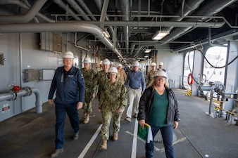 SAN DIEGO (Feb. 13 2024) – Chief of Naval Operations Adm. Lisa Franchetti tours the fleet replenishment oiler USNS Earl Warren (T-AO 207) during a visit to San Diego, Feb 13. Franchetti traveled to San Diego for West 2024, and to meet with Sailors, tour shipyards and installations, and communicate her priorities of warfighting, warfighters, and the foundation that supports them with the fleet. (U.S. Navy photo by Chief Mass Communication Specialist Michael B. Zingaro)