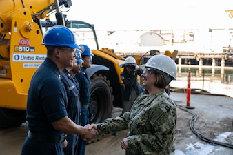 SAN DIEGO (Feb. 13 2024) – Chief of Naval Operations Adm. Lisa Franchetti recognized Sailors attached to the amphibious transport dock ship USS Anchorage (LPD 23), before a tour of the ship, during a visit to San Diego, Feb 13. Franchetti traveled to San Diego for West 2024, and to meet with Sailors, tour shipyards and installations, and communicate her priorities of warfighting, warfighters, and the foundation that supports them with the fleet. (U.S. Navy photo by Chief Mass Communication Specialist Michael B. Zingaro)