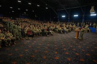 SAN DIEGO (Feb. 14, 2024) - Chief of Naval Operations Adm. Lisa Franchetti delivers remarks during an all-hands call at Naval Base San Diego, Feb. 14. Franchetti traveled to San Diego for WEST 2024, and to meet with Sailors, tour shipyards and installations, and communicate her priorities of warfighting, warfighters, and the foundation that supports them with the fleet. (U.S. Navy photo by Chief Mass Communication Specialist Michael B. Zingaro)