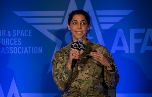 U.S. Space Force Col. Nicole Petrucci, commander of Space Delta 3 – Space Electromagnetic Warfare, shares her perspective on becoming an Integrated Mission Delta at the Air & Space Forces Association Warfare Symposium in Aurora, Colorado, Feb. 13, 2024. “Becoming an IMD has allowed us to have a deeper understanding of our mission area,” Petrucci said. (U.S. Space Force photo by John Ayer)