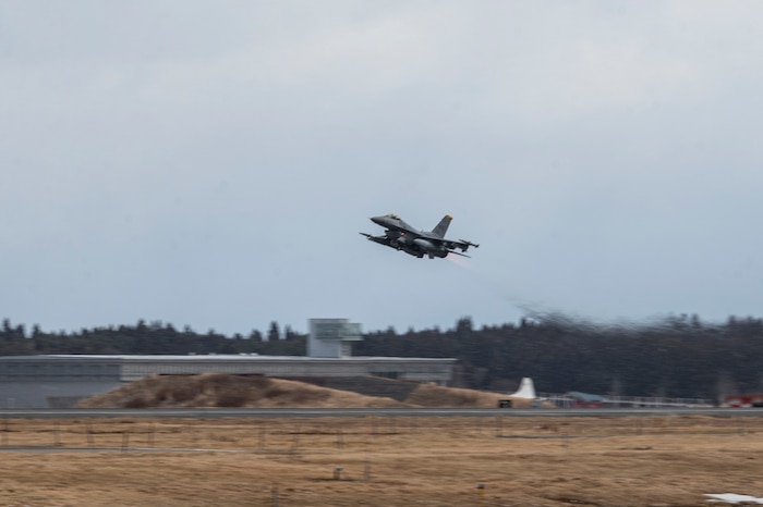 U.S. Air Force F-16 Fighting Falcon takes off in support of Exercise Cope North 24 at Misawa Air Base, Japan, Feb. 2, 2024.