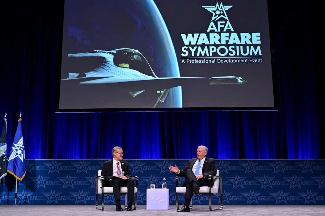 Secretary of the Air Force Frank Kendall gives closing thoughts on reoptimizing for Great Power Competition during a fireside chat with Air and Space Forces Association President Bruce Wright at the 2024 Warfare Symposium in Aurora, Colo., Feb. 14, 2024.