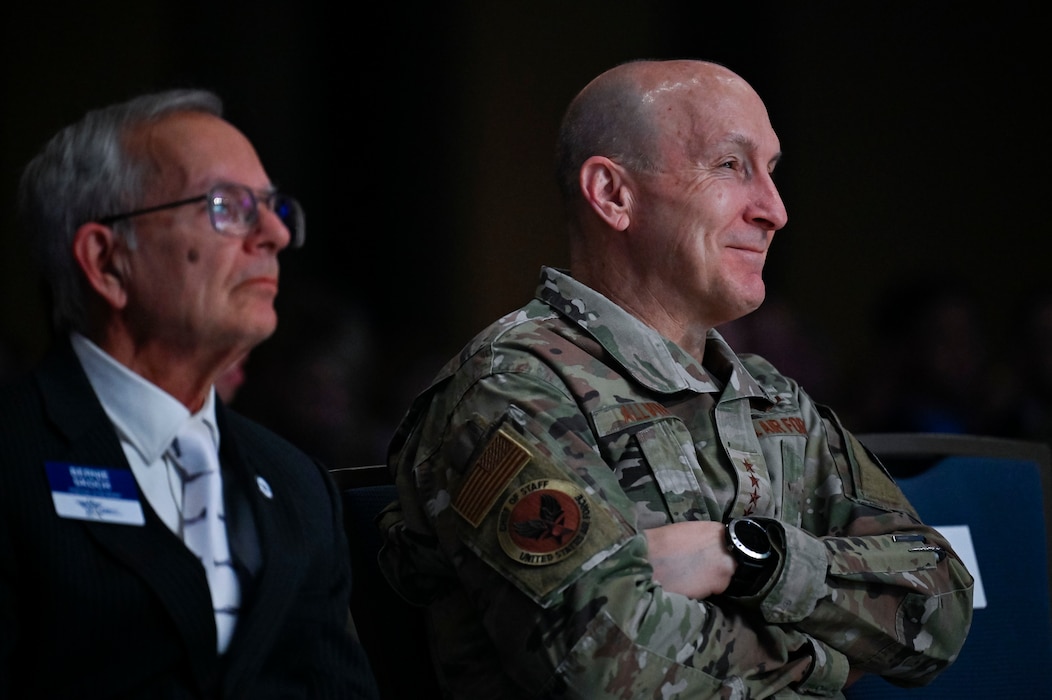 Air Force Chief of Staff Gen. David Allvin, right, listens while Secretary of the Air Force Frank Kendall gives closing thoughts on reoptimizing for Great Power Competition at the Air and Space Forces Association 2024 Warfare Symposium in Aurora, Colo., Feb. 14, 2024.