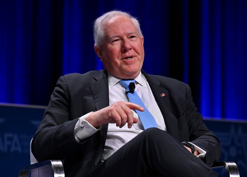 Secretary of the Air Force Frank Kendall gives closing thoughts on reoptimizing for Great Power Competition during a fireside chat with Air and Space Forces Association President Bruce Wright at the 2024 Warfare Symposium in Aurora, Colo., Feb. 14, 2024.