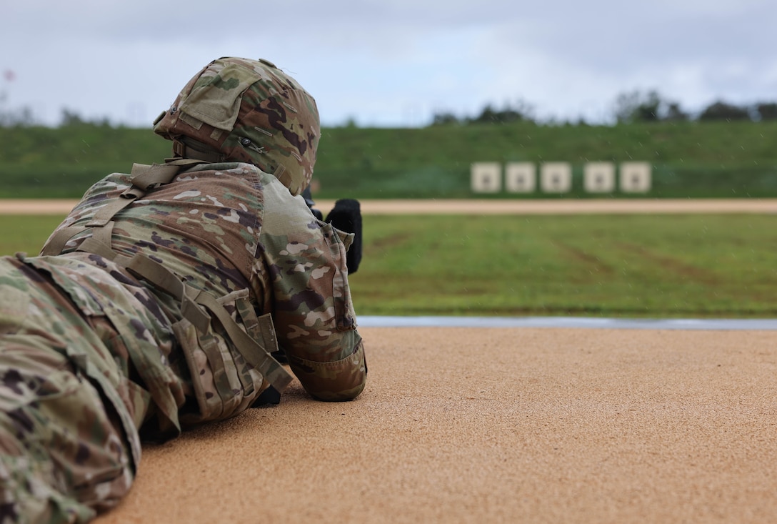 U.S. Army Reserve Soldiers with the 368th military police company fire rounds on Marine Corps Base Camp Blaz, Guam, Sept. 25, 2023. The Marine Corps’ Program Manager for Training Systems will conduct target calibration from Sept. 25 to Oct. 27 and testing from Dec. 4-15. Two of four ranges at the Live Fire Training Range Complex will be equipped with new technology that provide more efficient and effective combat marksmanship training to support combat readiness. The live-fire location of miss and hit or LOMAH technology, replaces the human element of observing and marking targets. The calibration and testing are to ensure that the LOMAH system is working properly. (U.S. Marine Corps photo by Lance Cpl. Garrett Gillespie)